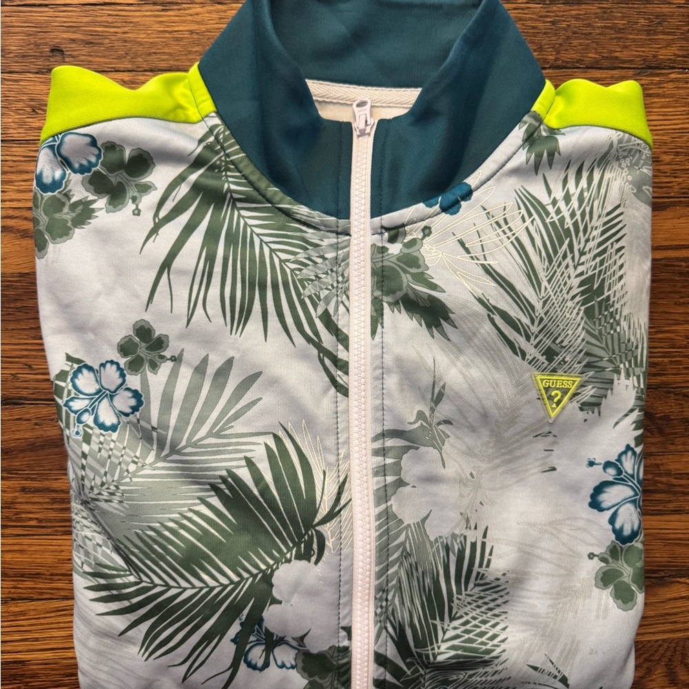 #606 GUESS Floral/ PALM PRINT WARMUP Jacket - Green and Blue - Picture 15 of 15